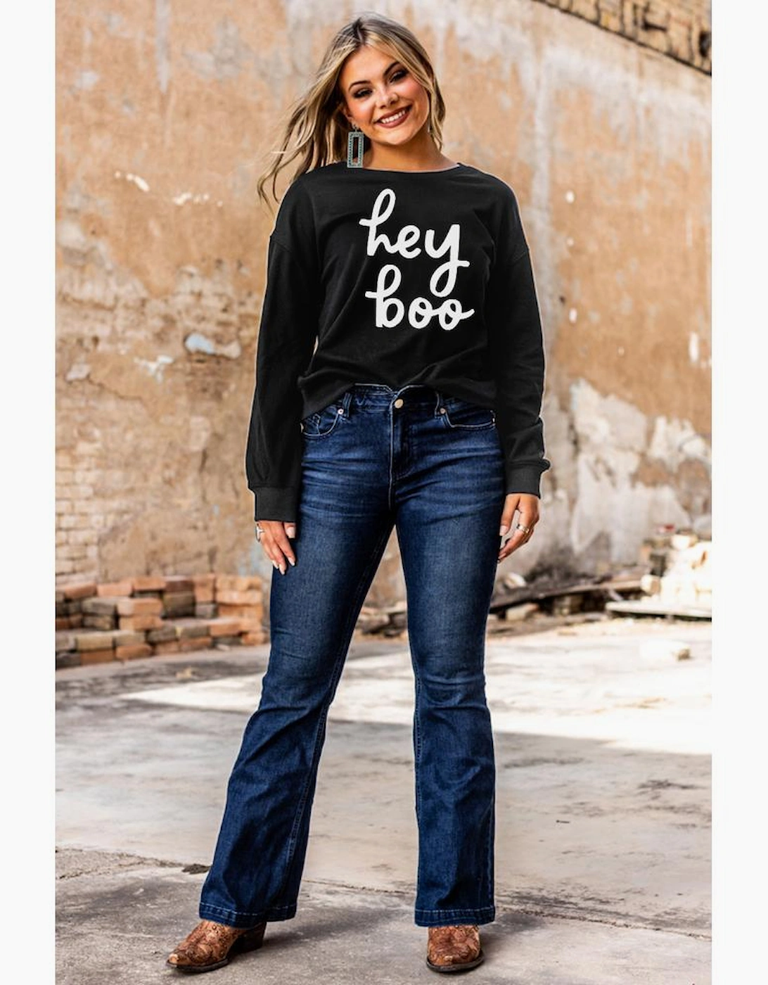 Black Hey Boo Letter Print Long Sleeve Pullover Sweatshirt