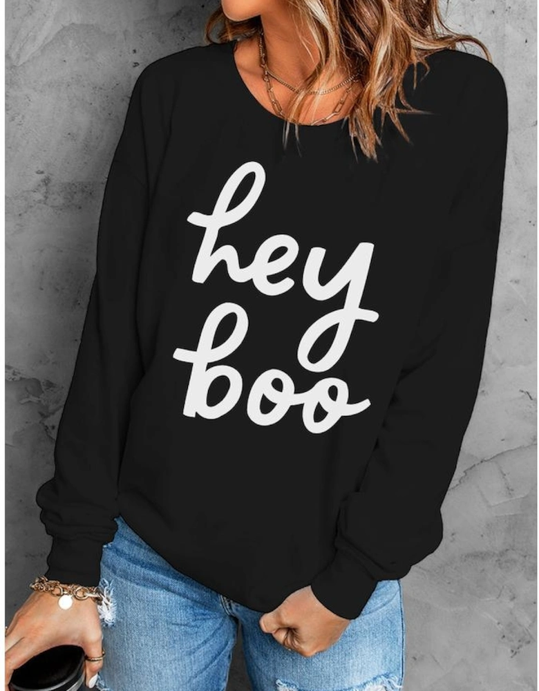 Black Hey Boo Letter Print Long Sleeve Pullover Sweatshirt