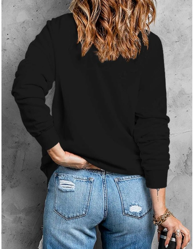 Black Hey Boo Letter Print Long Sleeve Pullover Sweatshirt