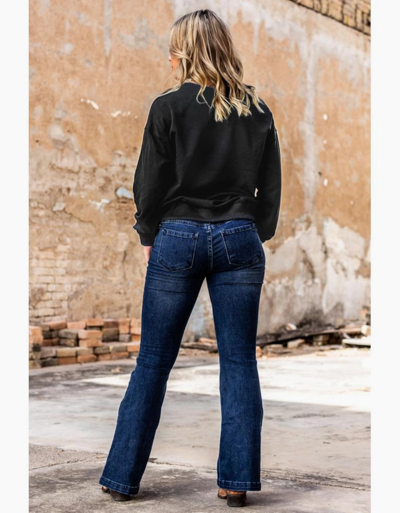 Black Hey Boo Letter Print Long Sleeve Pullover Sweatshirt