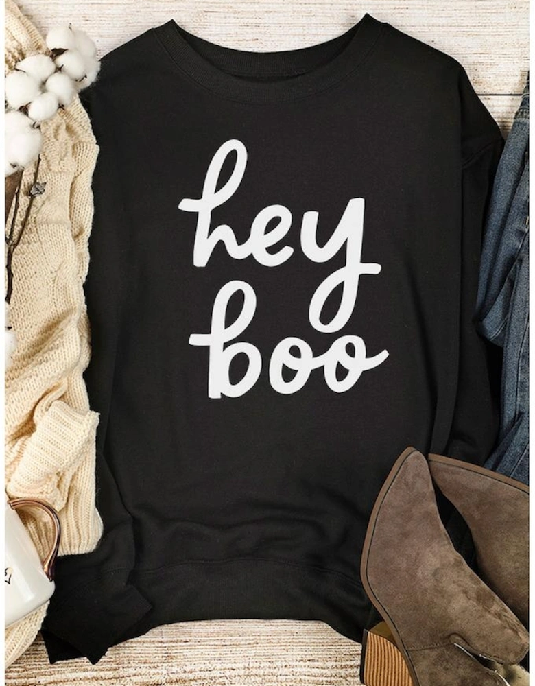 Black Hey Boo Letter Print Long Sleeve Pullover Sweatshirt