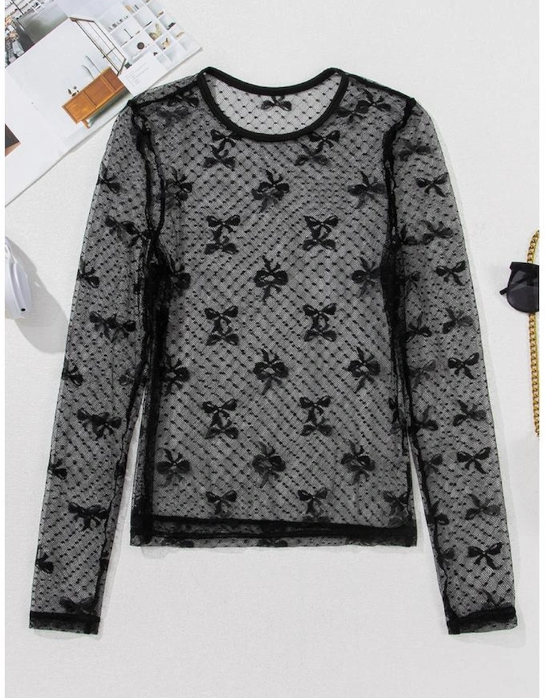 Black Bow Pattern Accent Mesh Long Sleeve Top