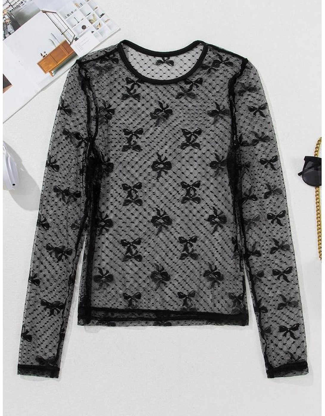 Black Bow Pattern Accent Mesh Long Sleeve Top