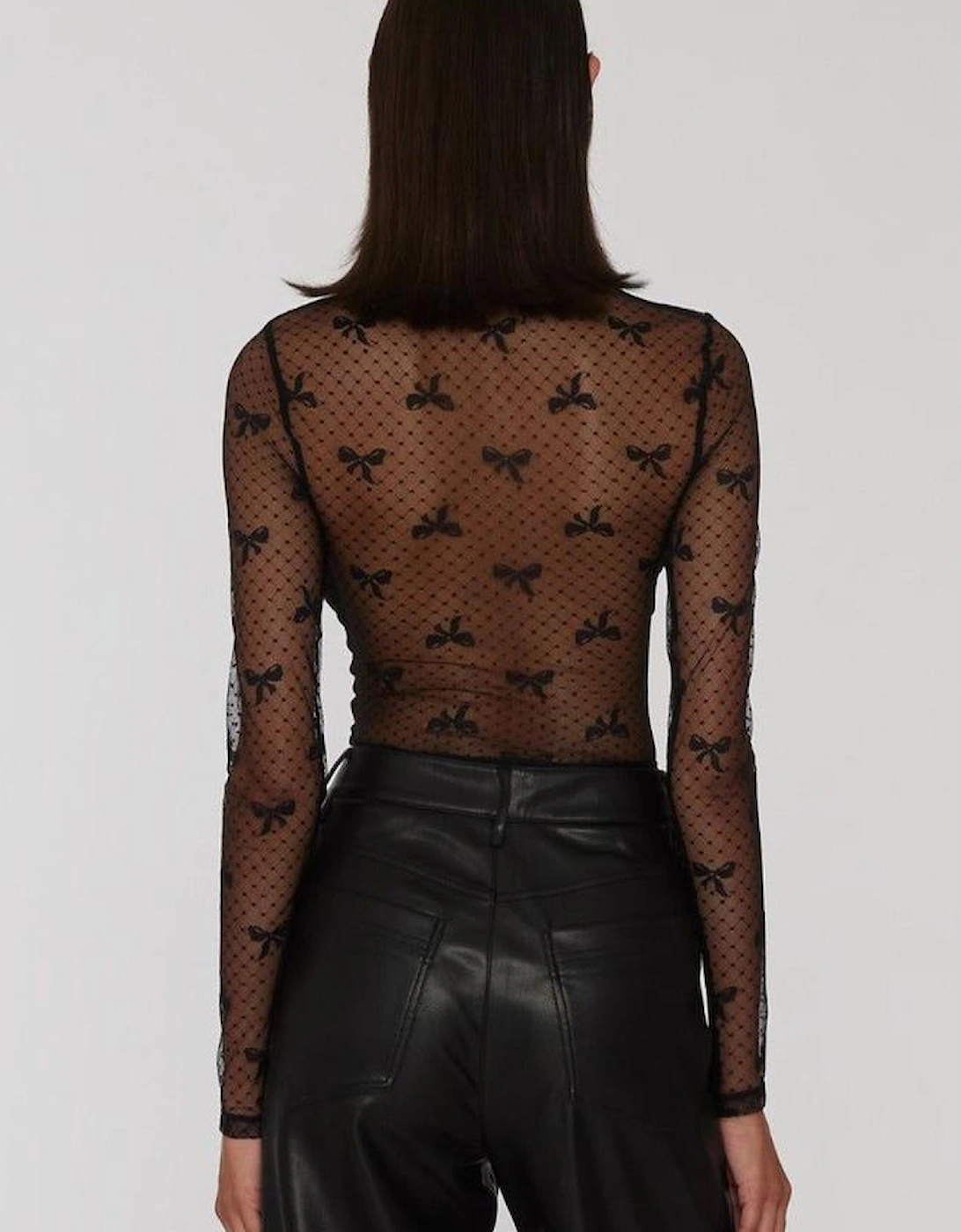 Black Bow Pattern Accent Mesh Long Sleeve Top