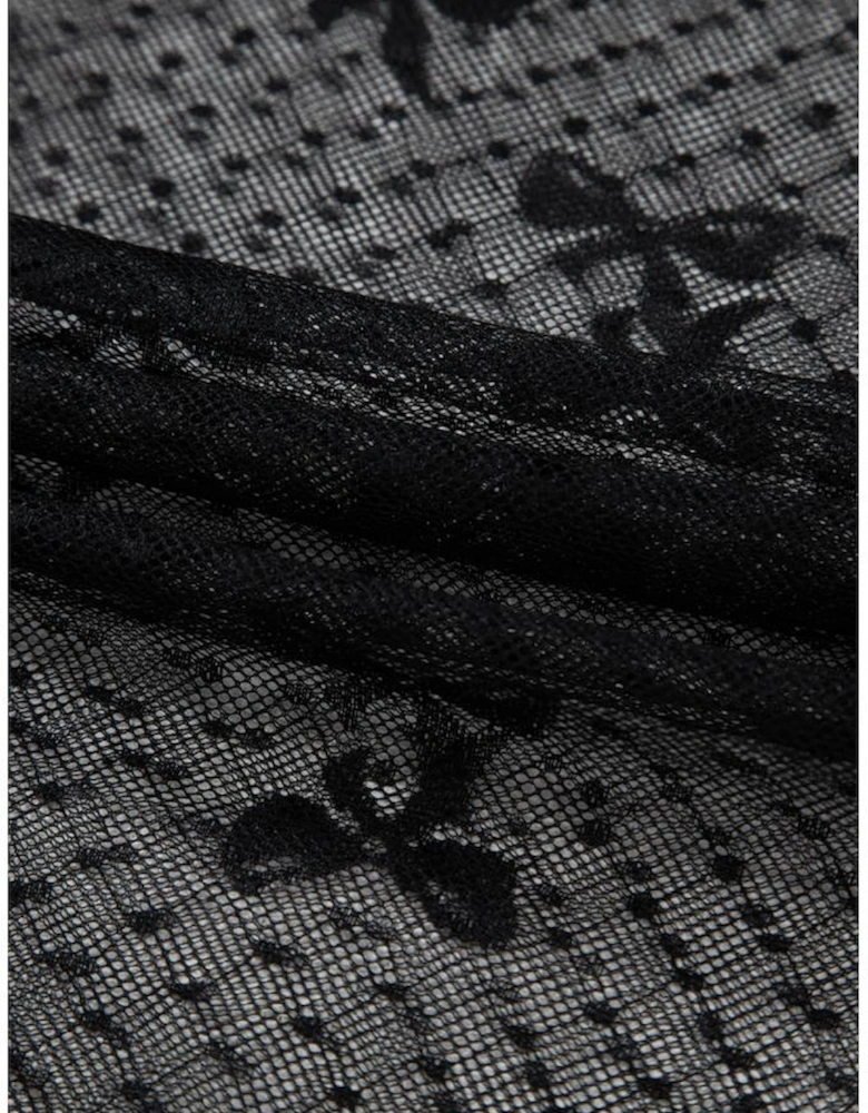 Black Bow Pattern Accent Mesh Long Sleeve Top