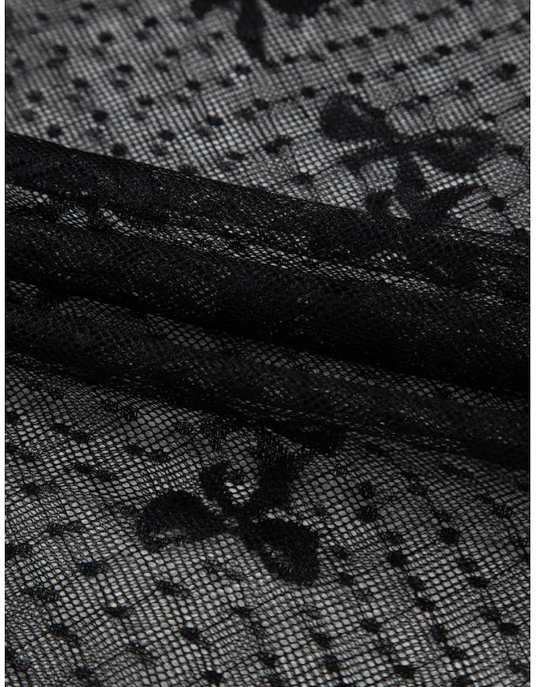 Black Bow Pattern Accent Mesh Long Sleeve Top