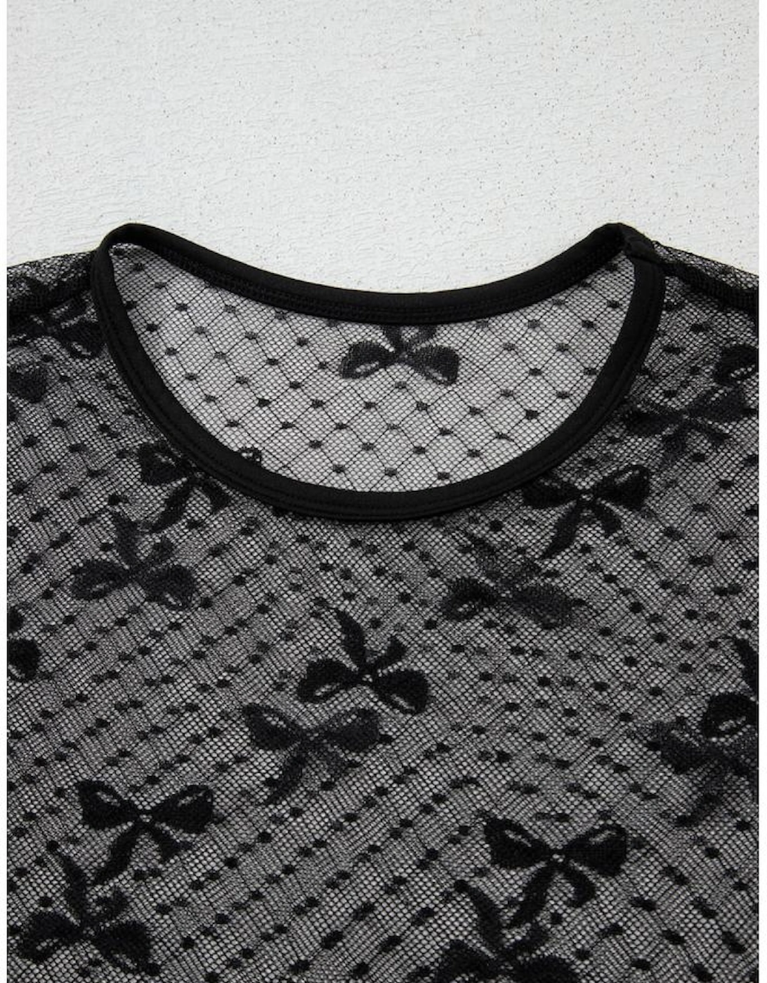 Black Bow Pattern Accent Mesh Long Sleeve Top