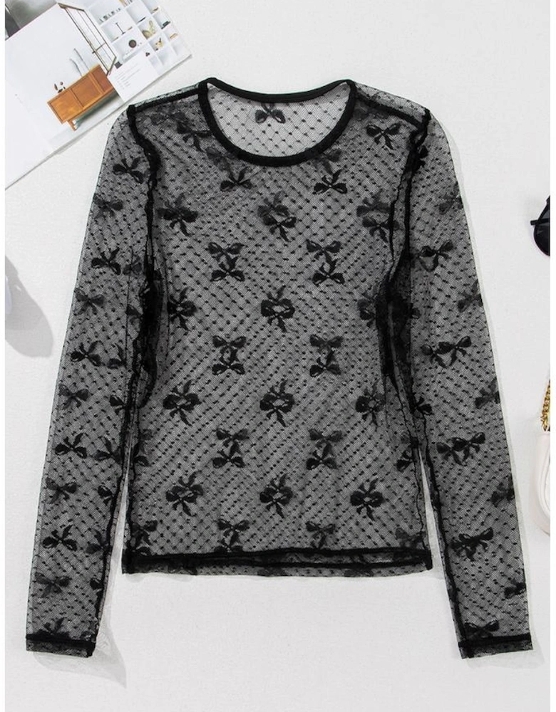 Black Bow Pattern Accent Mesh Long Sleeve Top