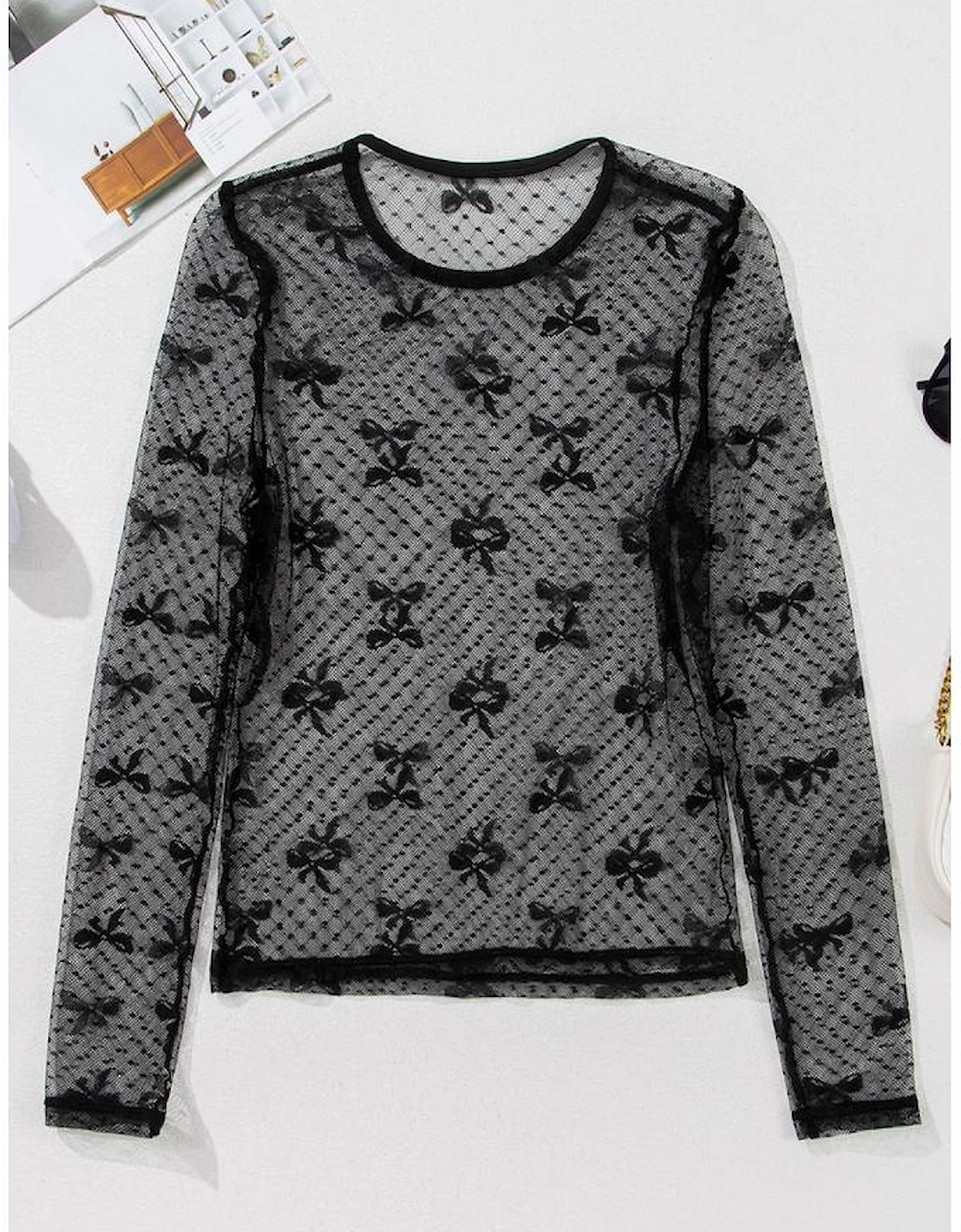 Black Bow Pattern Accent Mesh Long Sleeve Top