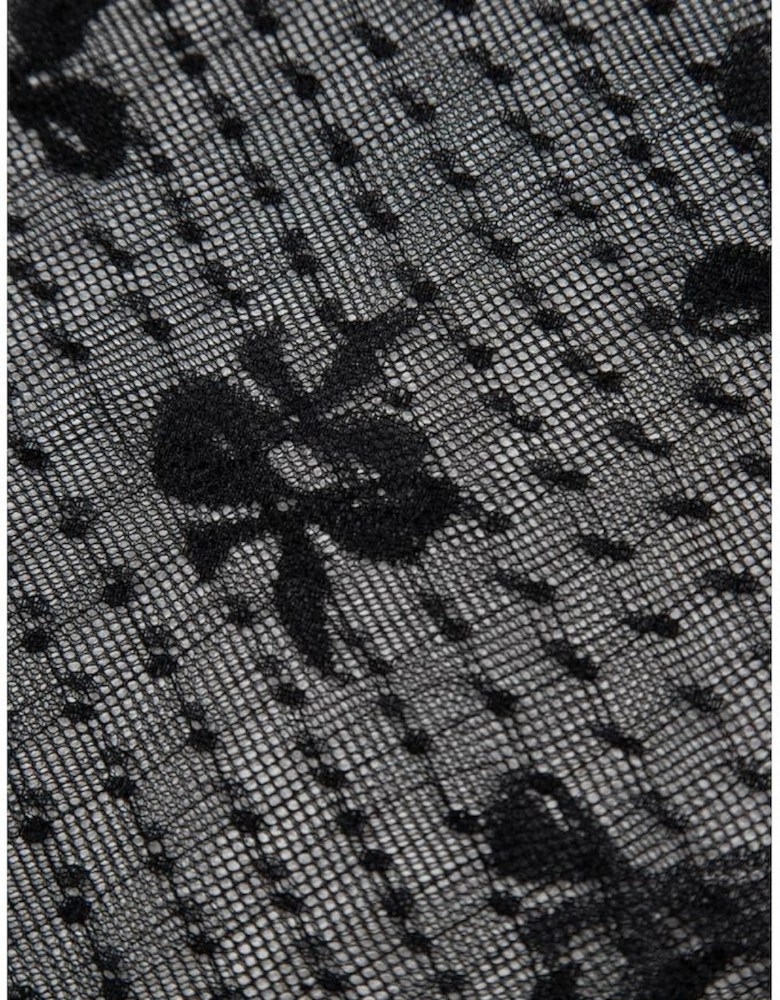 Black Bow Pattern Accent Mesh Long Sleeve Top