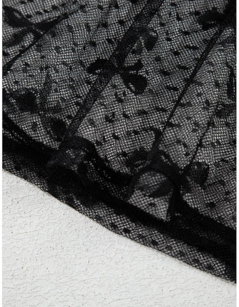 Black Bow Pattern Accent Mesh Long Sleeve Top