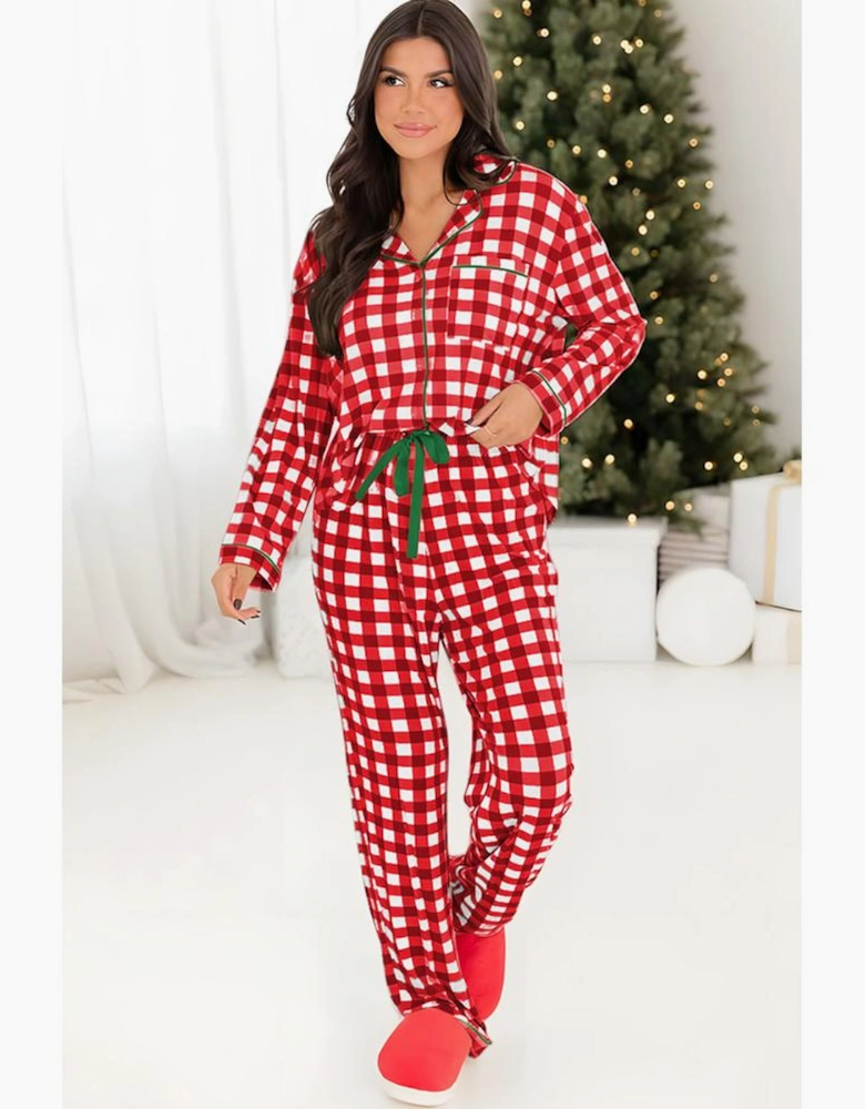 Fiery Red Christmas Plaid Print Shirt and Pants Pajama Set