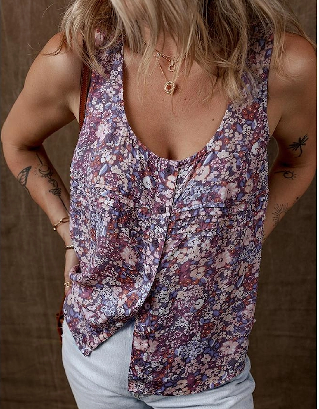 Yellow Boho Floral Pleated Buttoned Front Tank Top