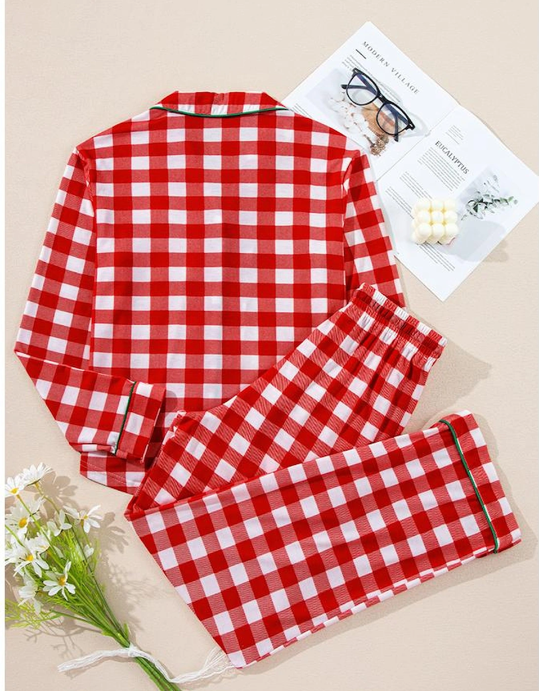 Fiery Red Christmas Plaid Print Shirt and Pants Pajama Set