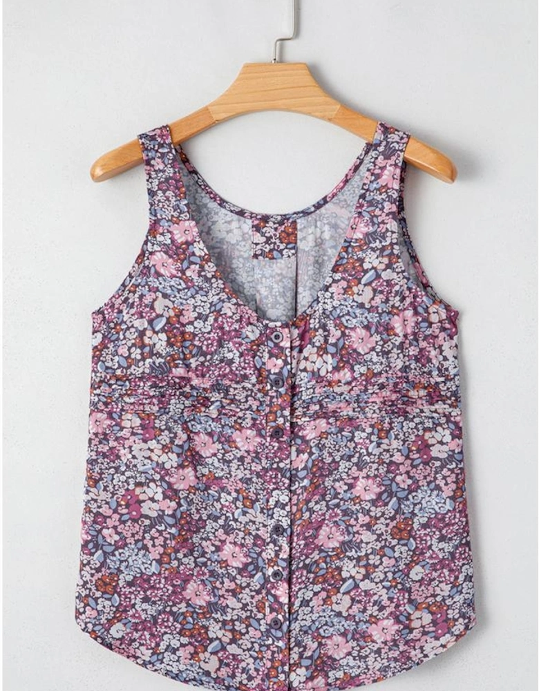 Yellow Boho Floral Pleated Buttoned Front Tank Top