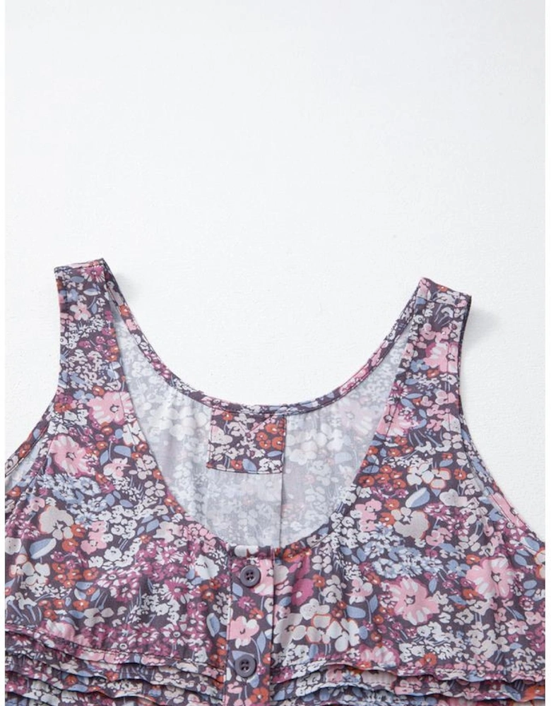 Yellow Boho Floral Pleated Buttoned Front Tank Top