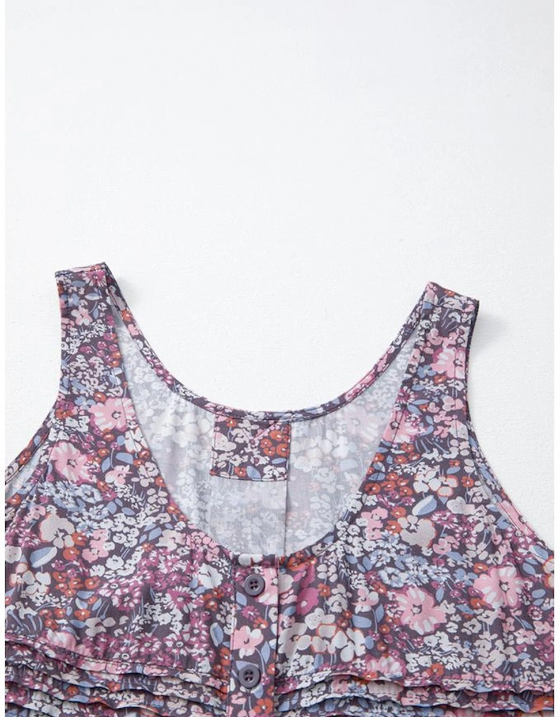 Yellow Boho Floral Pleated Buttoned Front Tank Top