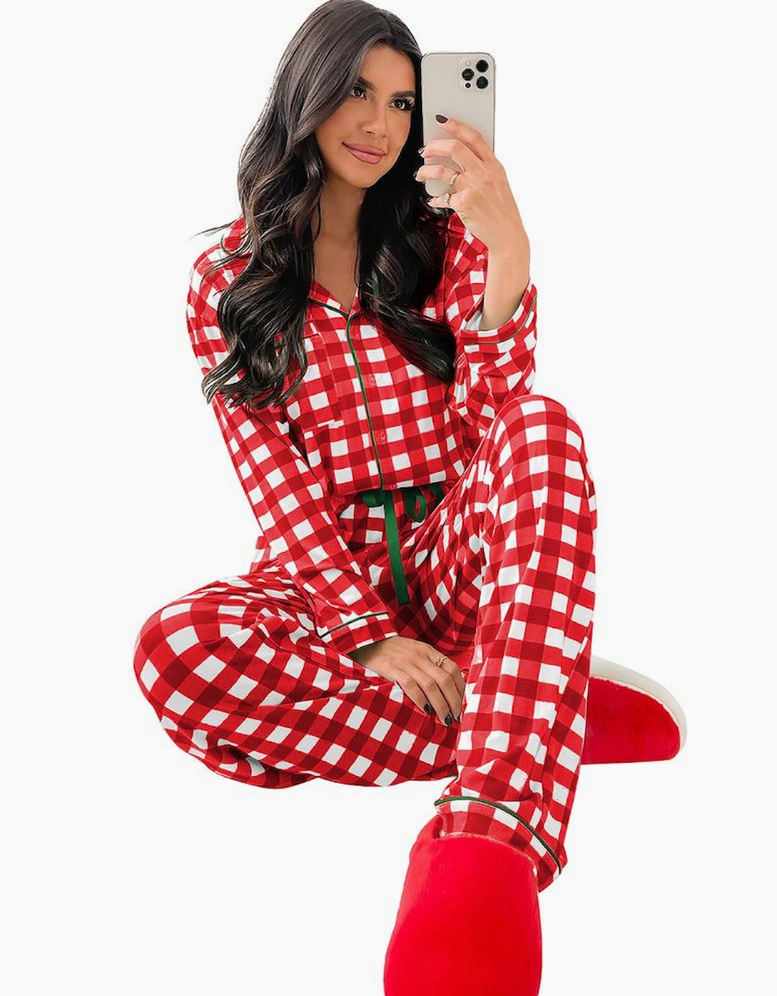Fiery Red Christmas Plaid Print Shirt and Pants Pajama Set