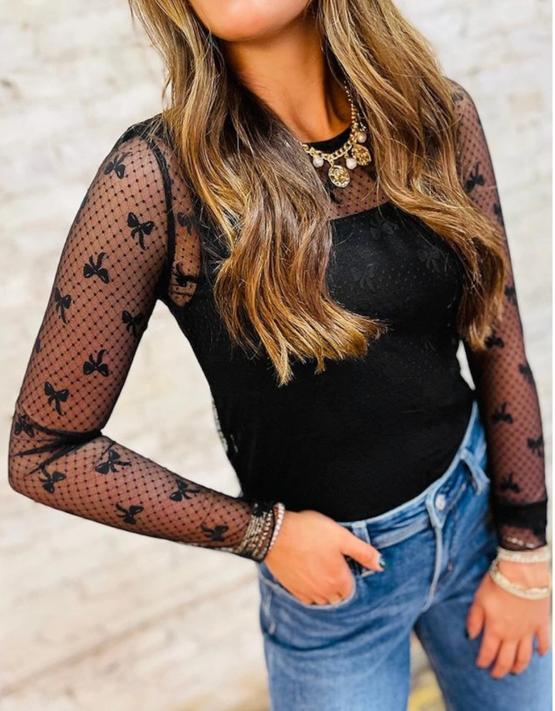 Black Bow Pattern Accent Mesh Long Sleeve Top