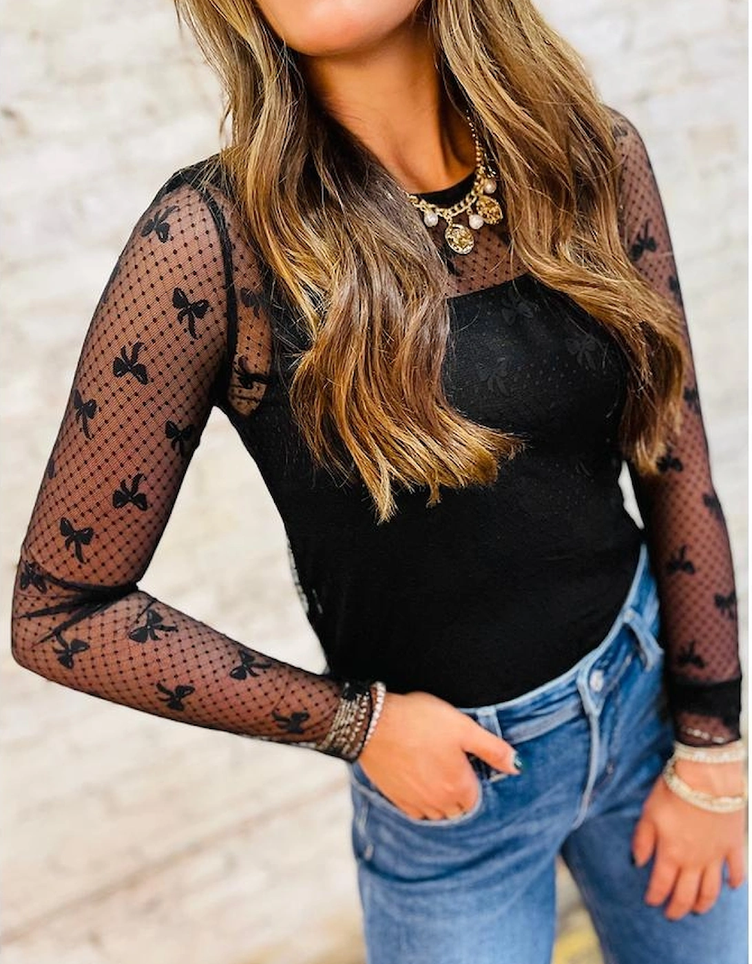 Black Bow Pattern Accent Mesh Long Sleeve Top