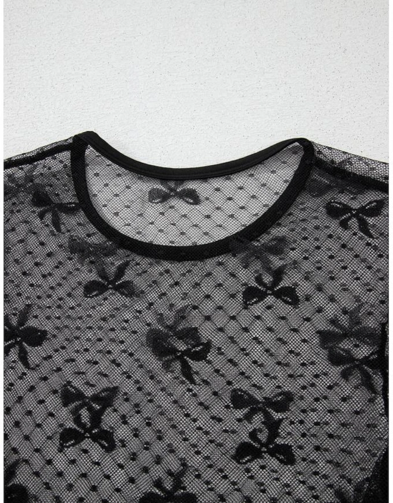 Black Bow Pattern Accent Mesh Long Sleeve Top