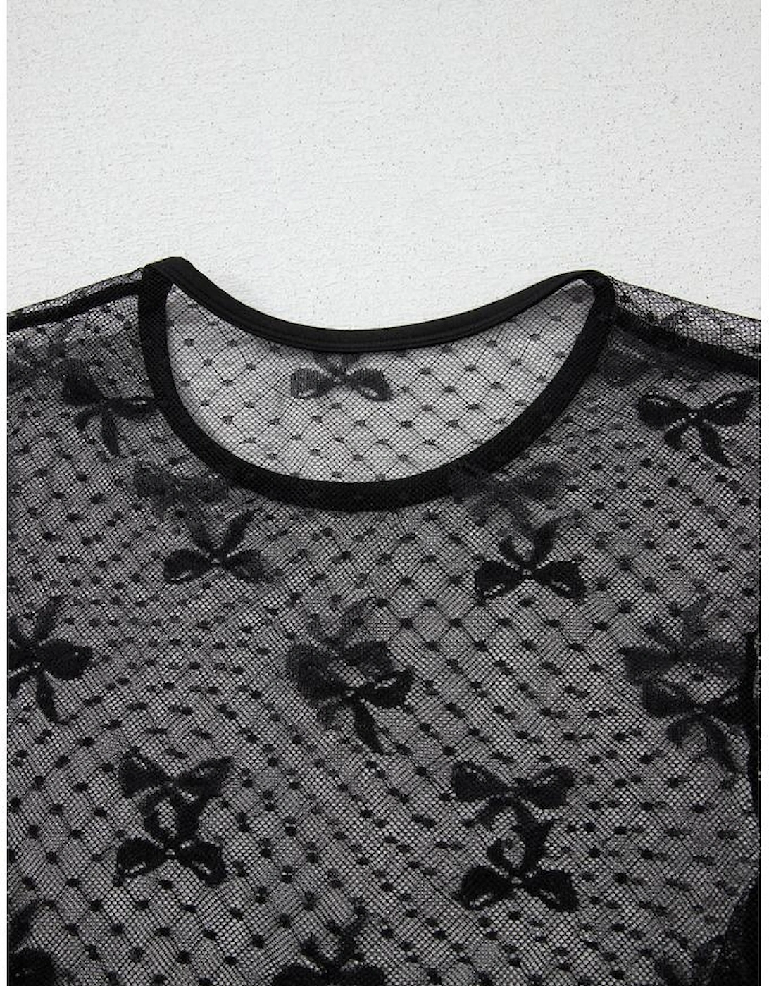 Black Bow Pattern Accent Mesh Long Sleeve Top