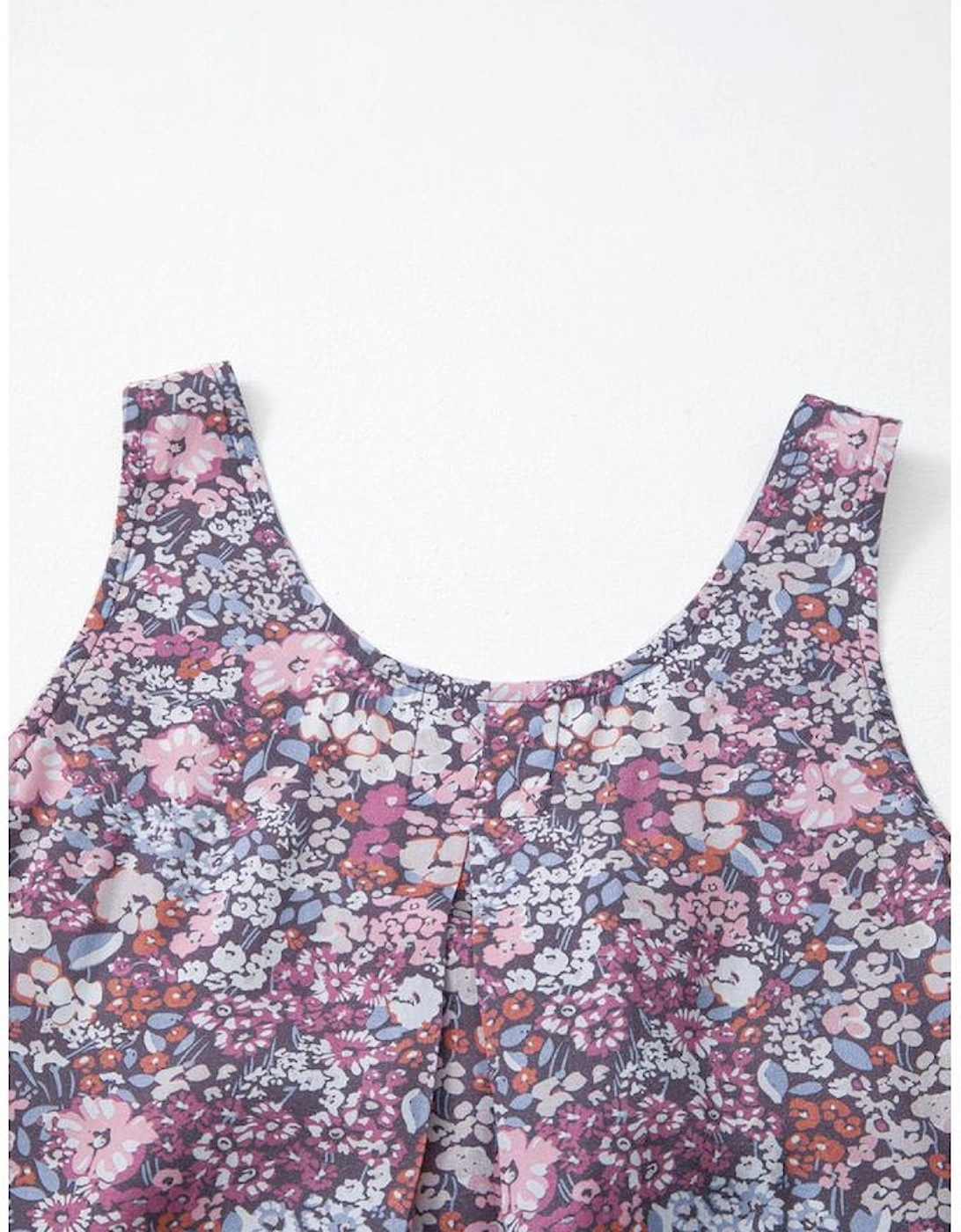 Yellow Boho Floral Pleated Buttoned Front Tank Top