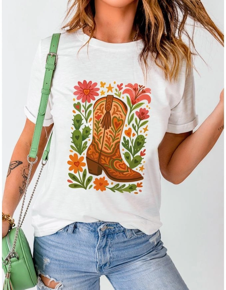 White Western Floral Boots Printed Casual Cotton Blend T Shirt