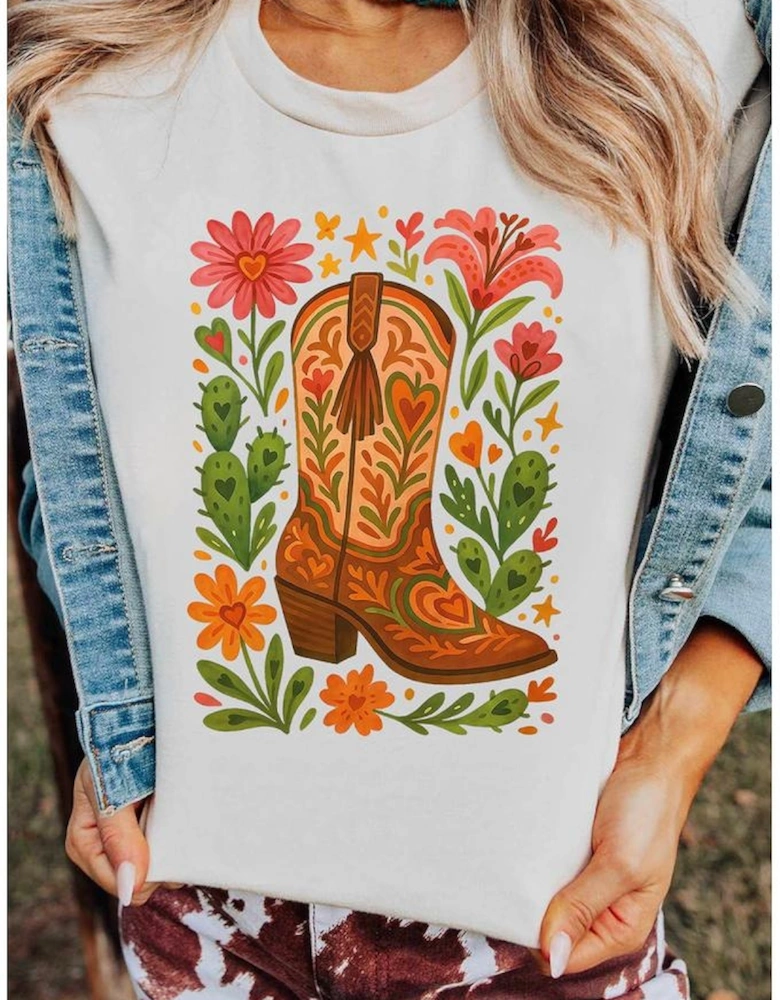 White Western Floral Boots Printed Casual Cotton Blend T Shirt