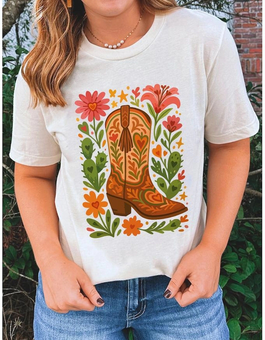 White Western Floral Boots Printed Casual Cotton Blend T Shirt