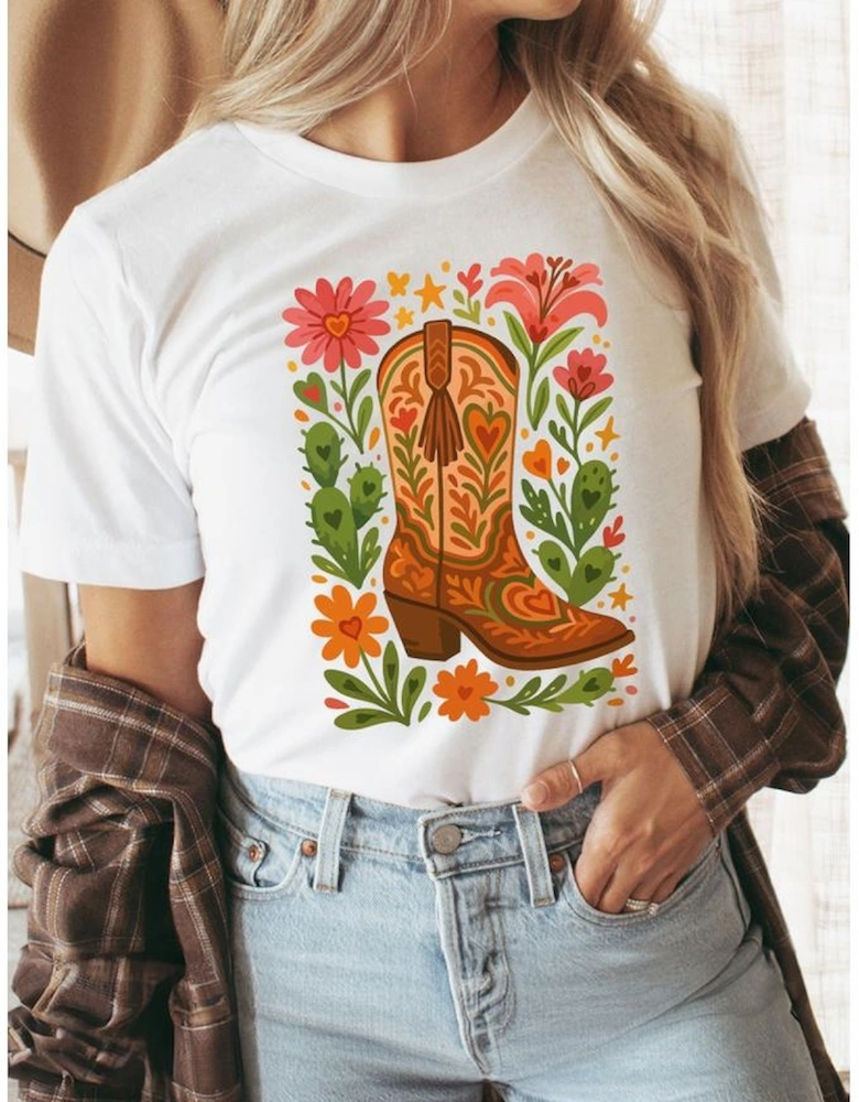 White Western Floral Boots Printed Casual Cotton Blend T Shirt