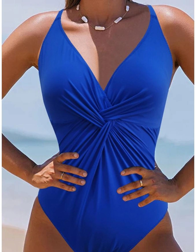 Dark Blue V Neck Twist Ruched Crisscross Backless One-Piece Swimsuit