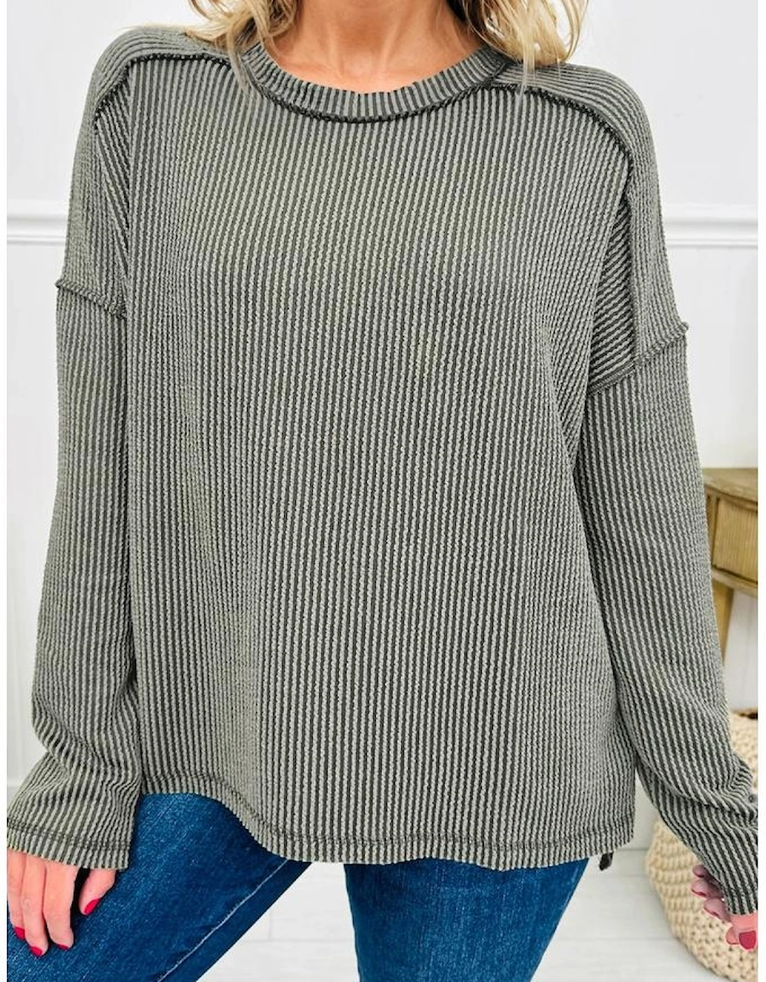 Green Bay Twist Ribbed Exposed Seam Detail Long Sleeve Loose Top