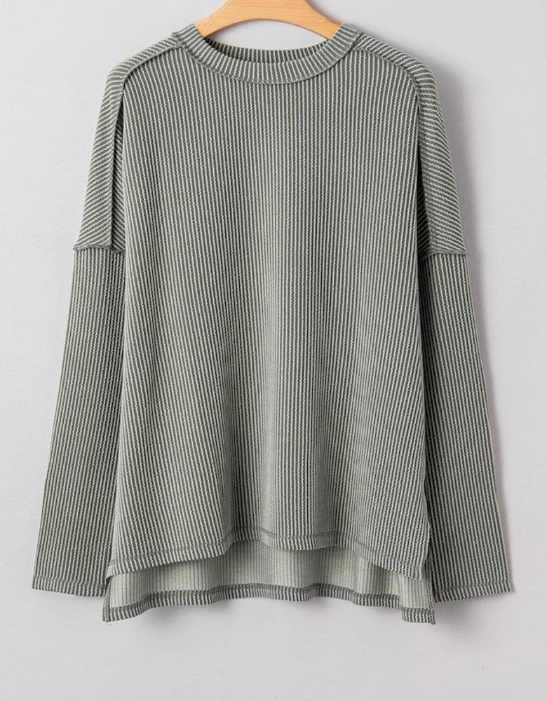 Green Bay Twist Ribbed Exposed Seam Detail Long Sleeve Loose Top