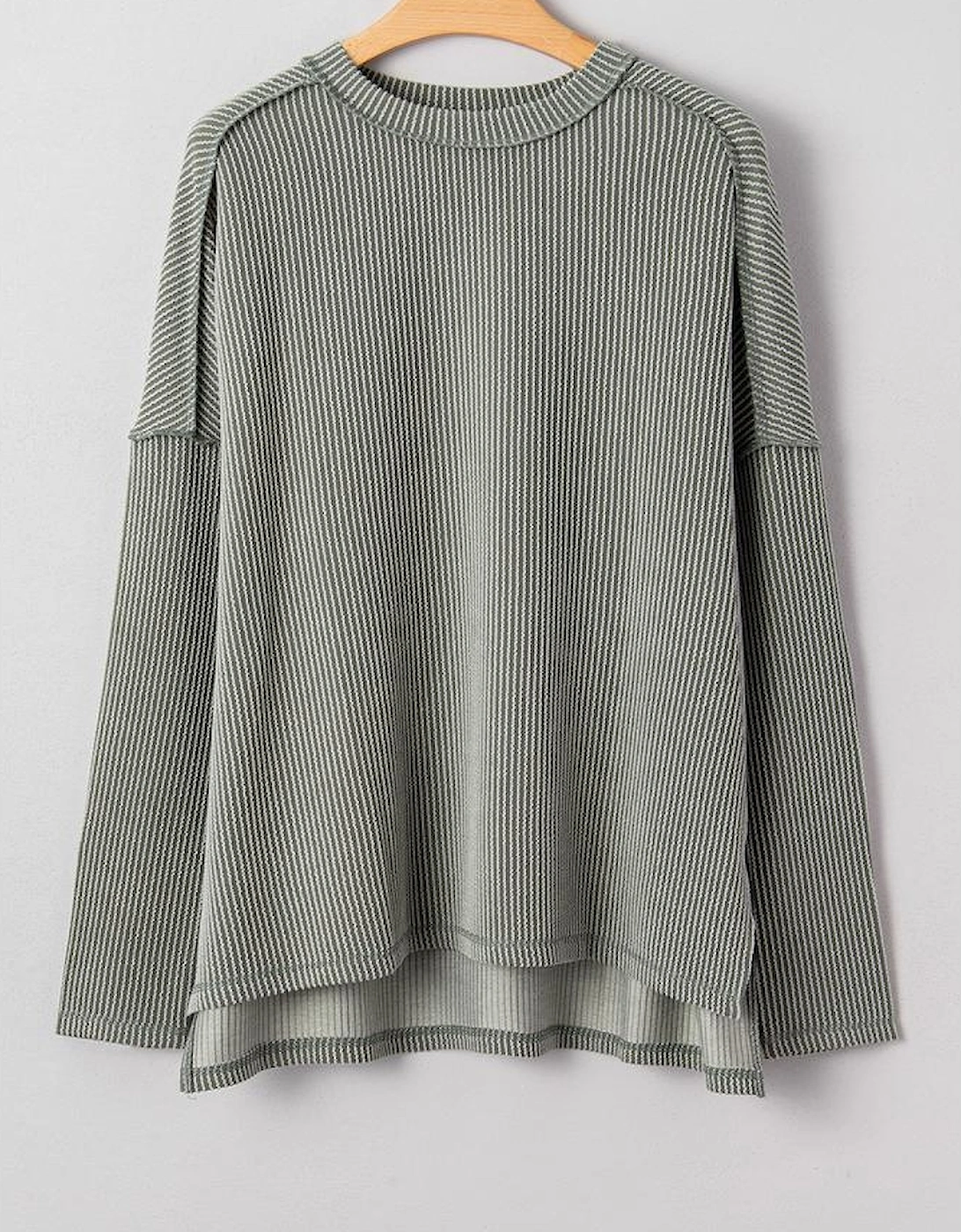 Green Bay Twist Ribbed Exposed Seam Detail Long Sleeve Loose Top