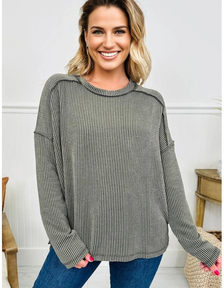 Green Bay Twist Ribbed Exposed Seam Detail Long Sleeve Loose Top