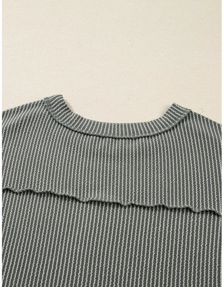 Green Bay Twist Ribbed Exposed Seam Detail Long Sleeve Loose Top