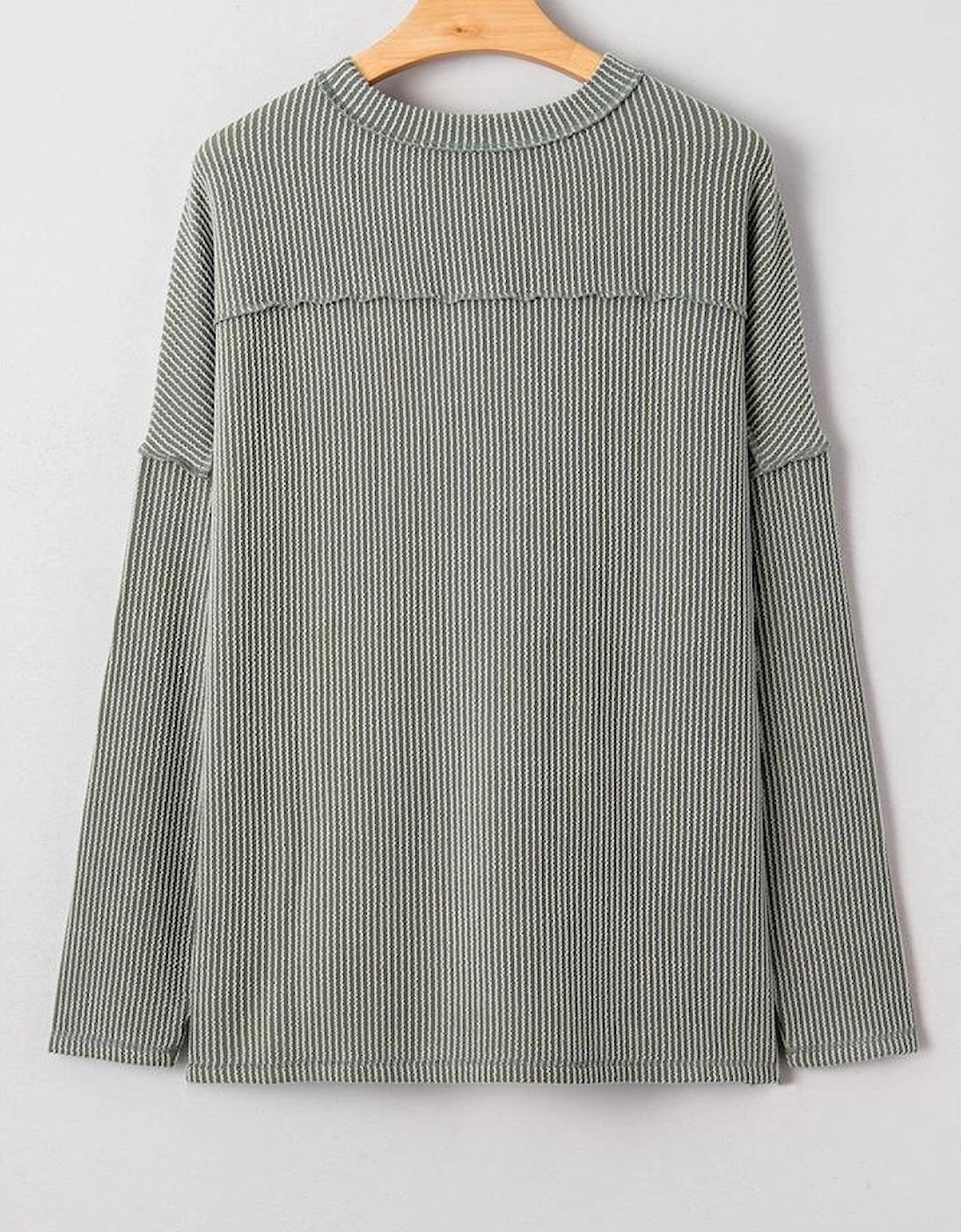 Green Bay Twist Ribbed Exposed Seam Detail Long Sleeve Loose Top