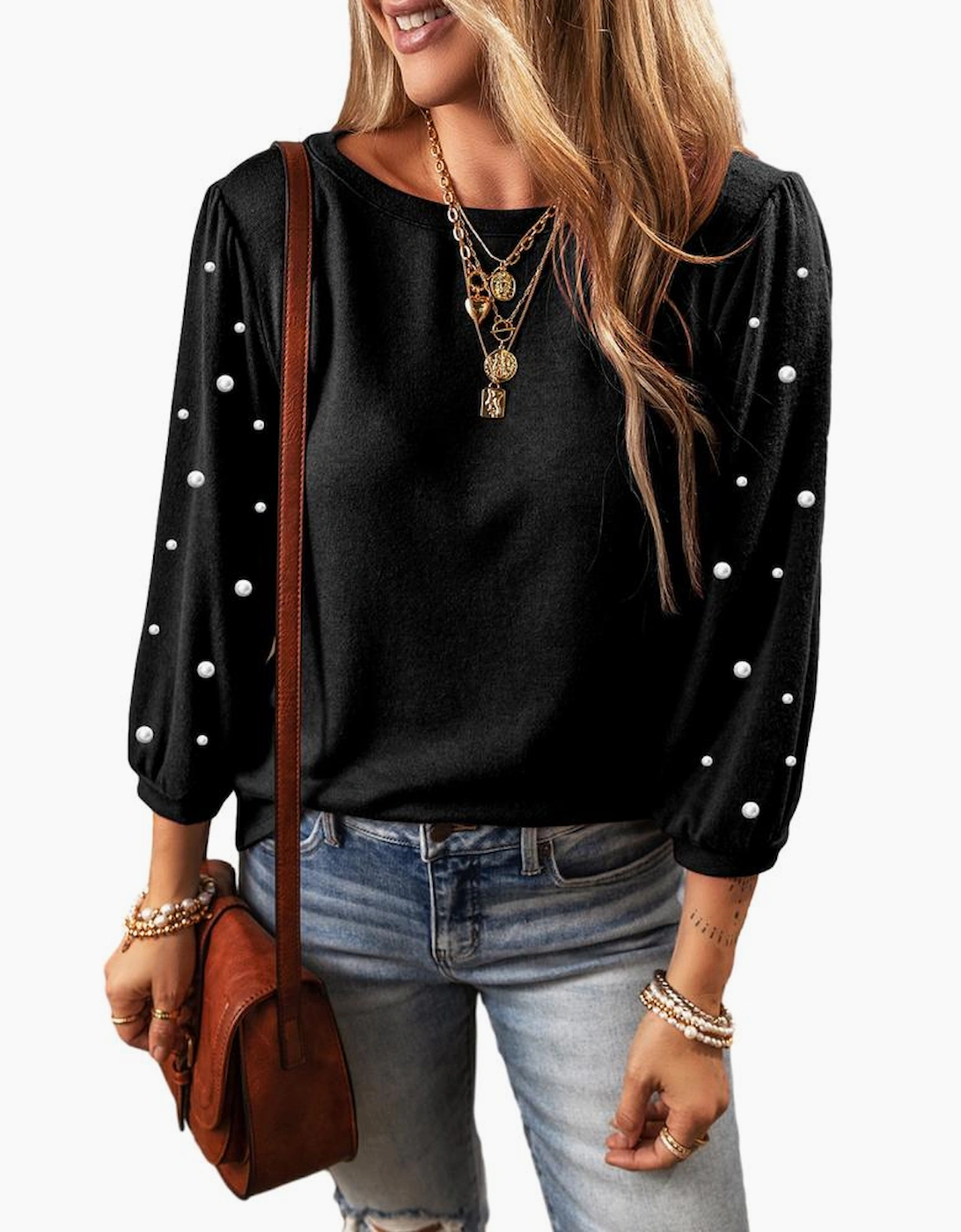 Black Pearl Decor 3/4 Sleeve Crew Neck T Shirt