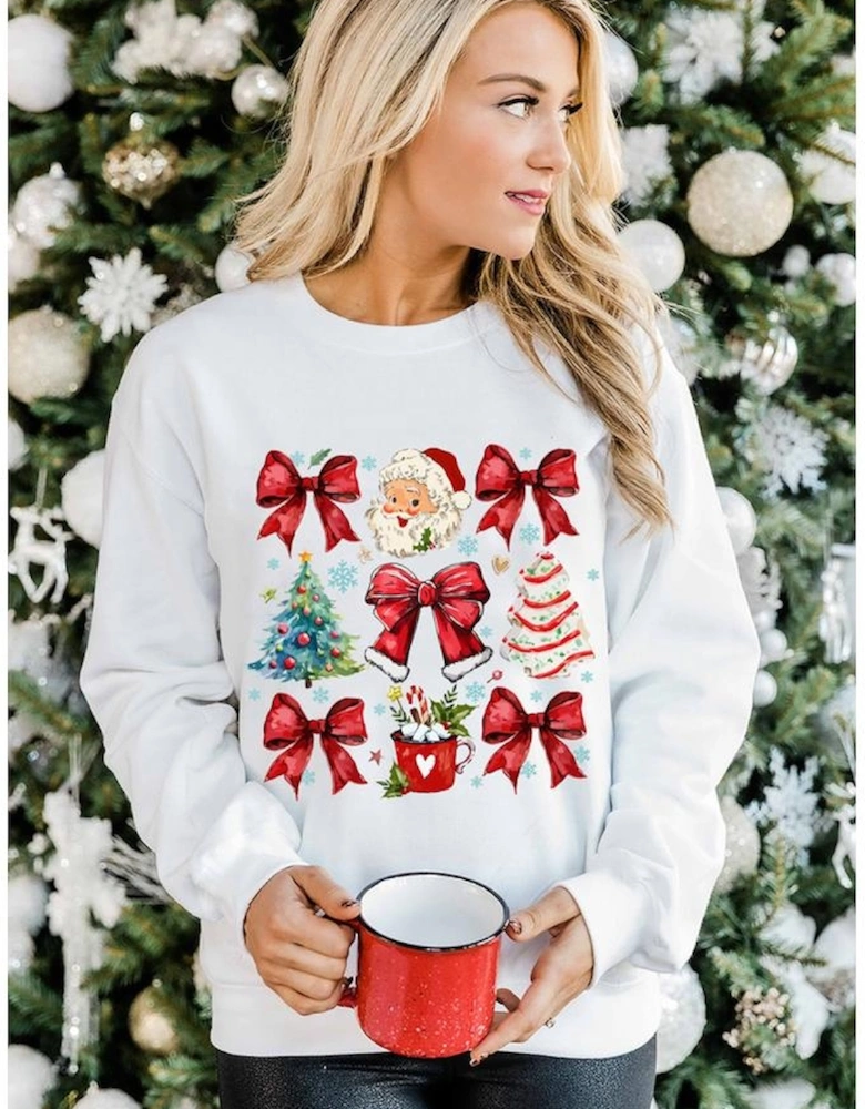 Beige Christmas Tree Bowknot Santa Clause Graphic Holiday Sweatshirt