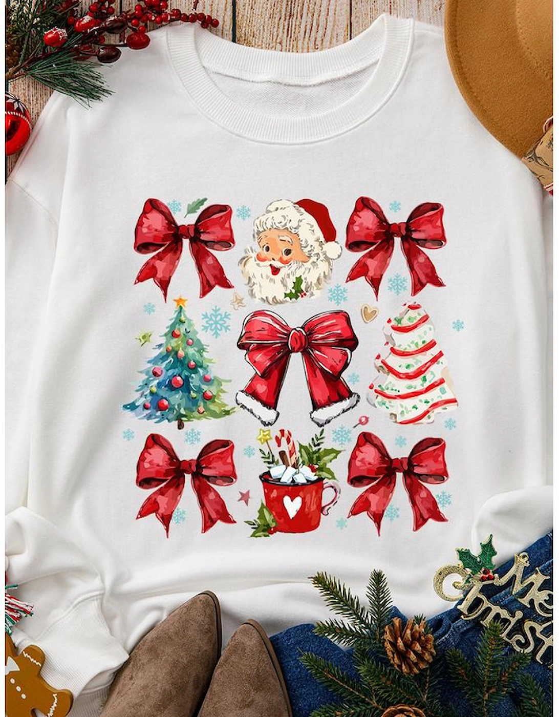 Beige Christmas Tree Bowknot Santa Clause Graphic Holiday Sweatshirt