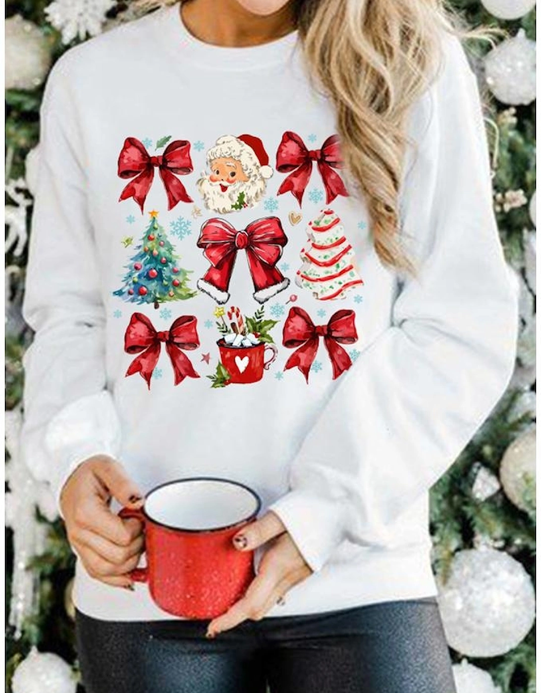 Beige Christmas Tree Bowknot Santa Clause Graphic Holiday Sweatshirt