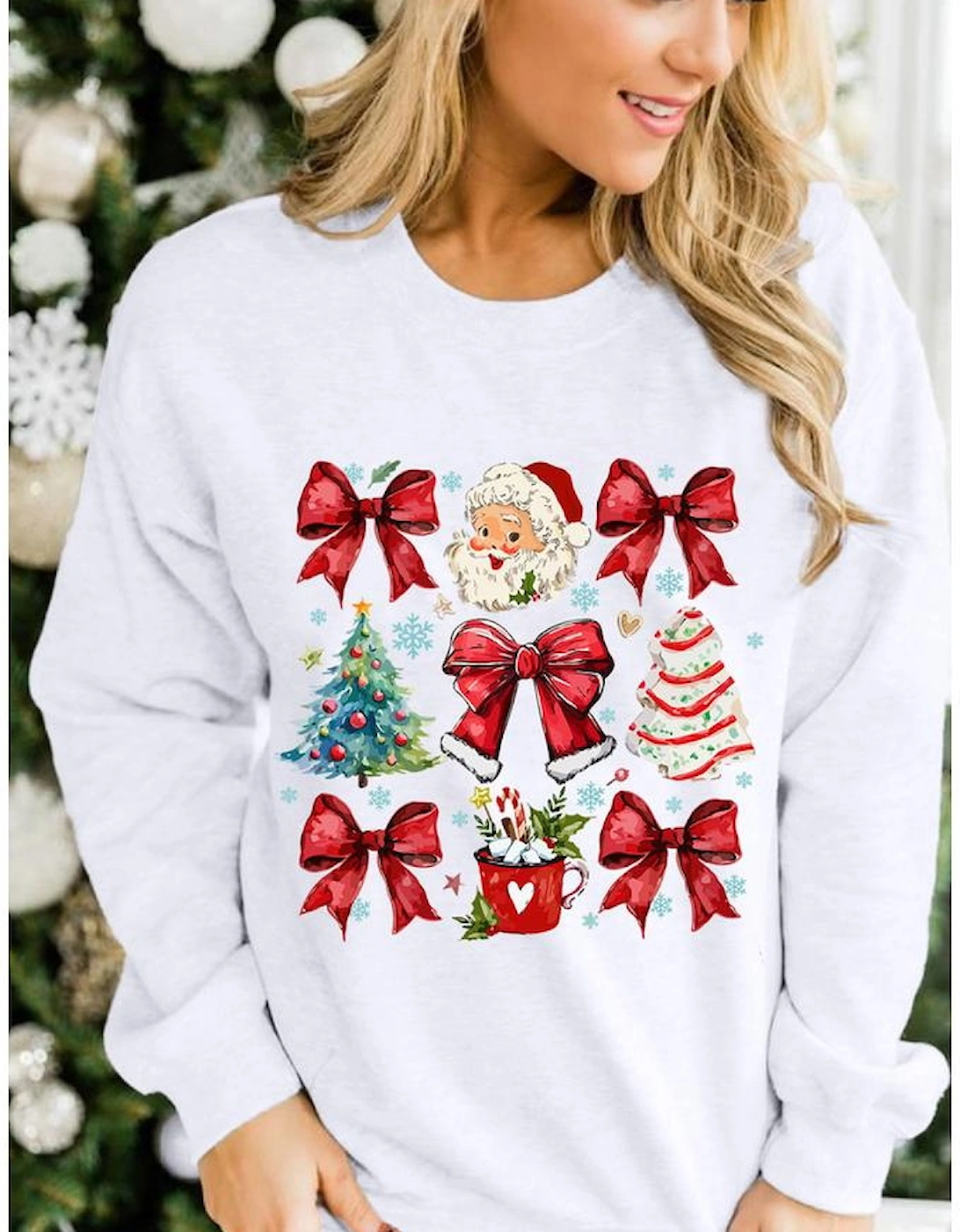 Beige Christmas Tree Bowknot Santa Clause Graphic Holiday Sweatshirt