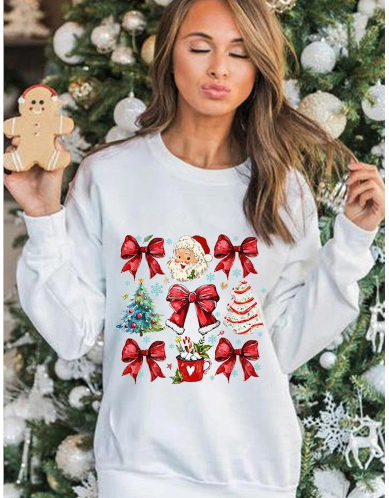 Beige Christmas Tree Bowknot Santa Clause Graphic Holiday Sweatshirt
