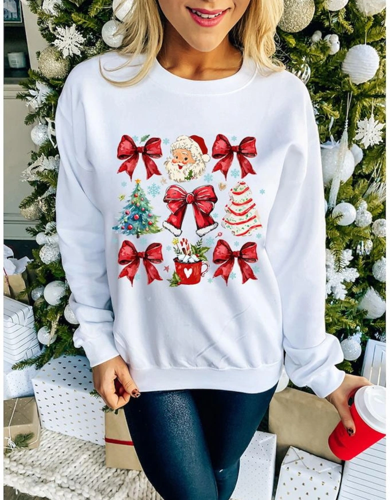 Beige Christmas Tree Bowknot Santa Clause Graphic Holiday Sweatshirt