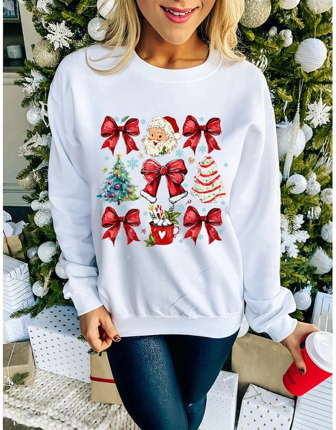 Beige Christmas Tree Bowknot Santa Clause Graphic Holiday Sweatshirt, 7 of 6