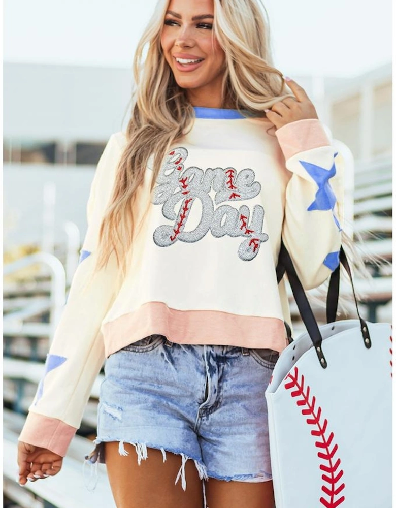 Beige Game Day Sequin Letter Graphic Star Patched Colorblock Sweatshirt