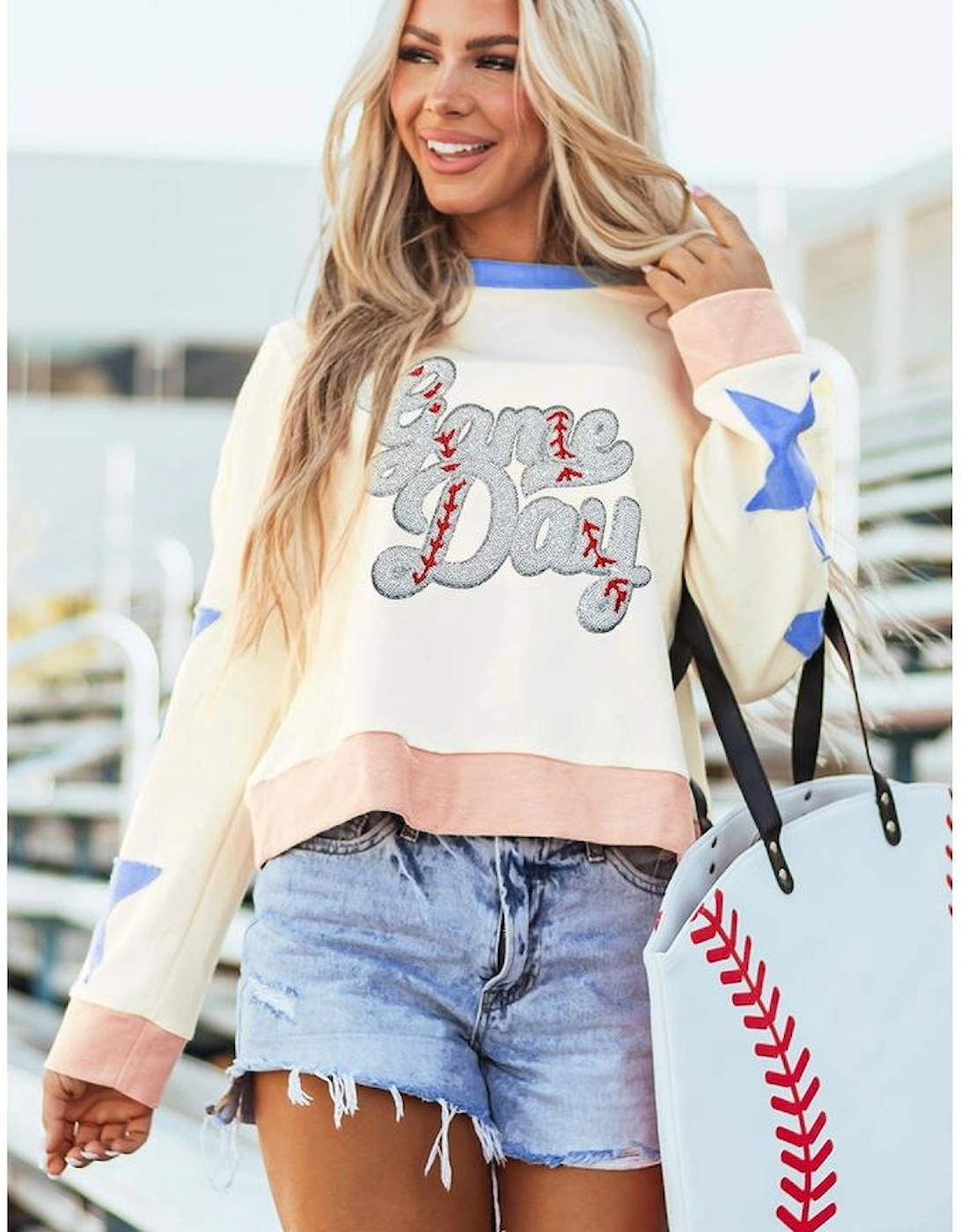 Beige Game Day Sequin Letter Graphic Star Patched Colorblock Sweatshirt