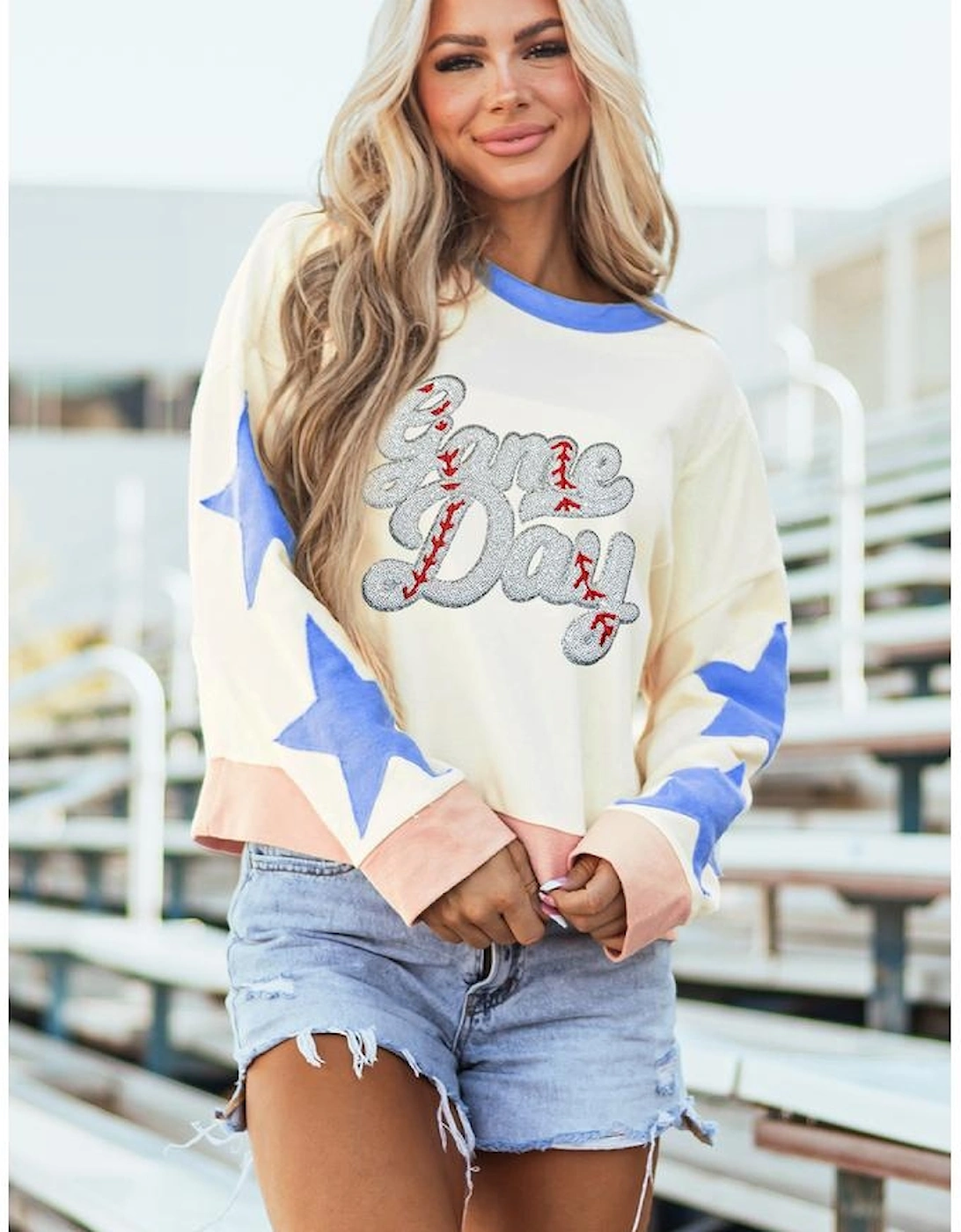 Beige Game Day Sequin Letter Graphic Star Patched Colorblock Sweatshirt