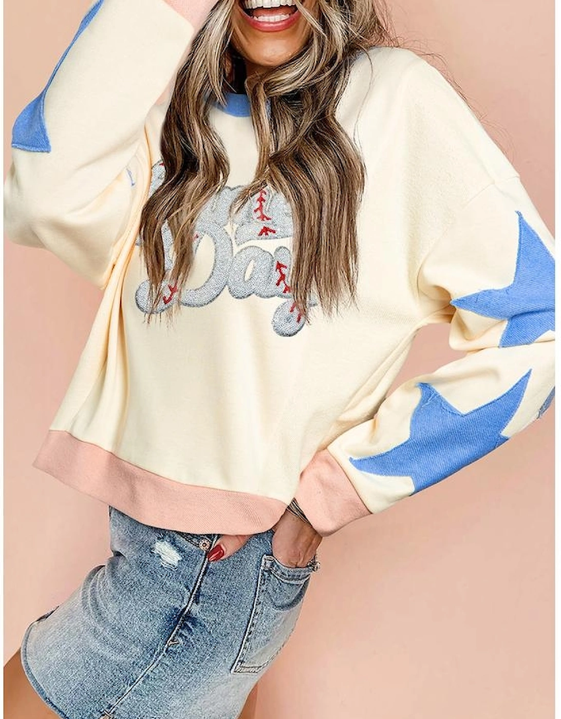 Beige Game Day Sequin Letter Graphic Star Patched Colorblock Sweatshirt